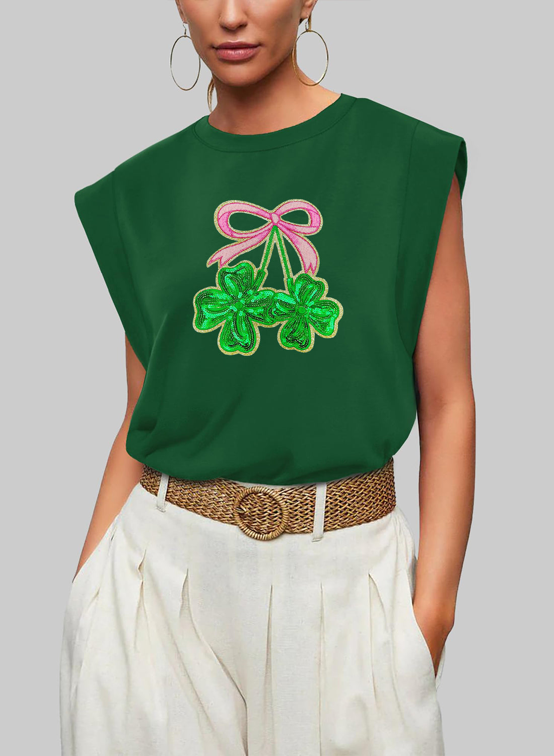 St Patricks Day Bow Shamrock Sequin Sleeveless Top