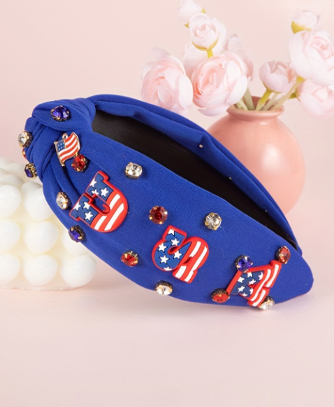 Dark Blue USA Flag Gemstone Decor Knotted Wide Headband