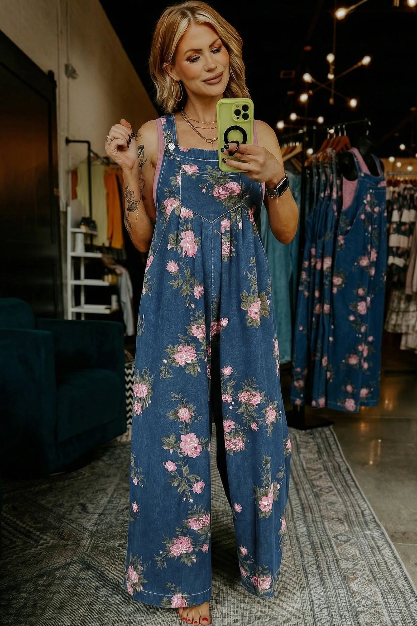 Beau Floral Print Pleated High Waist Wide Leg Denim Jumpsuit