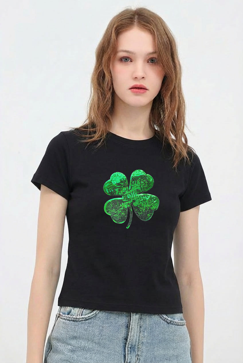 St Patricks Day Sequin Shamrock Crop T-Shirt