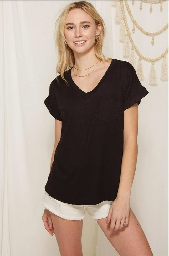 Black V Neck Dolman Sleeve Pocket Knit Tee