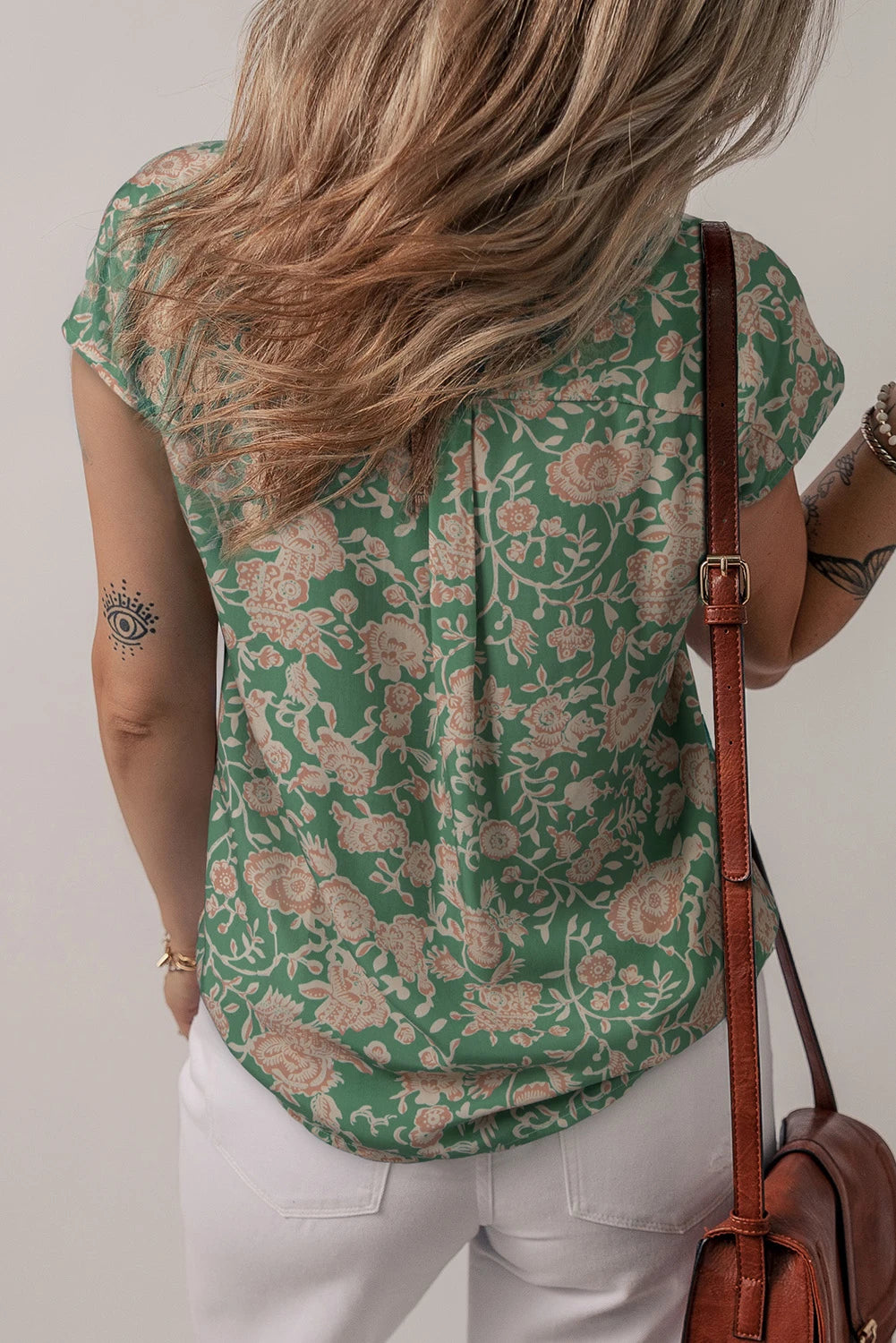Green Floral Print Pleated Buttoned V Neck Short Sleeve Blouse