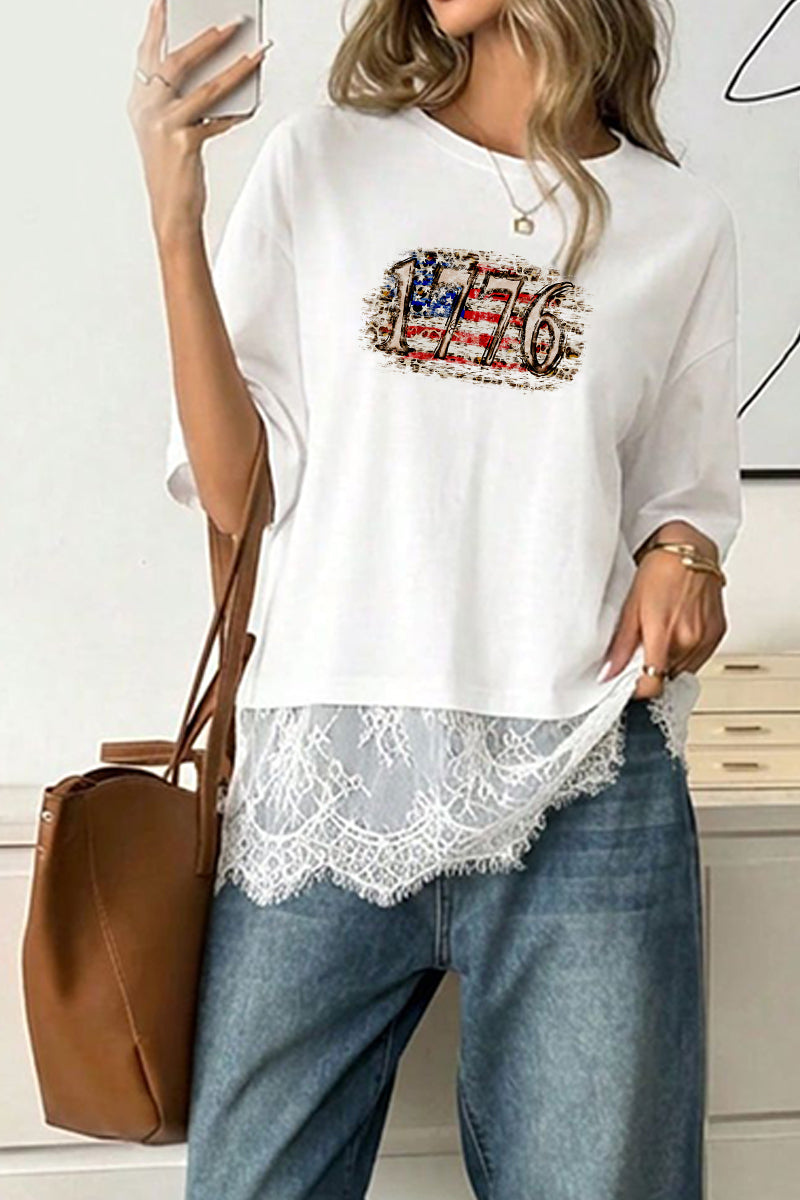 USA 1776 Graphic Tee Lightweight Lace Hem Patriotic Shirt