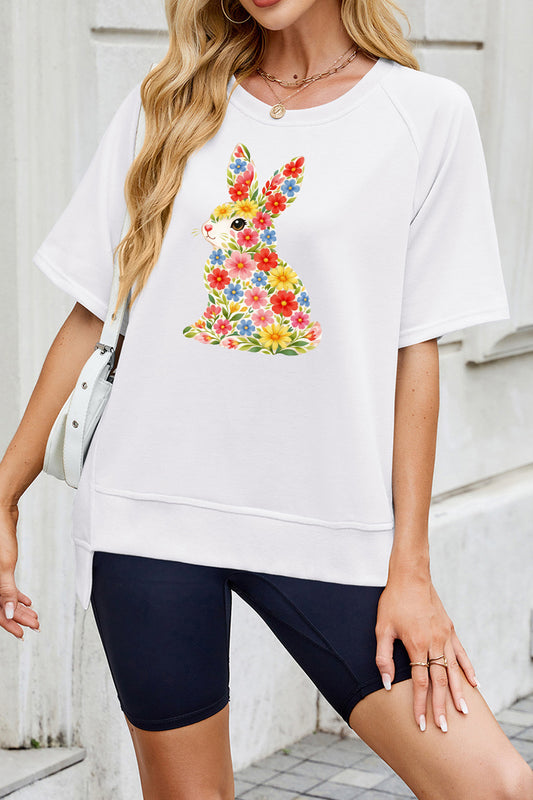 Floral Easter Bunny Graphic Tee Women Spring Casual Top