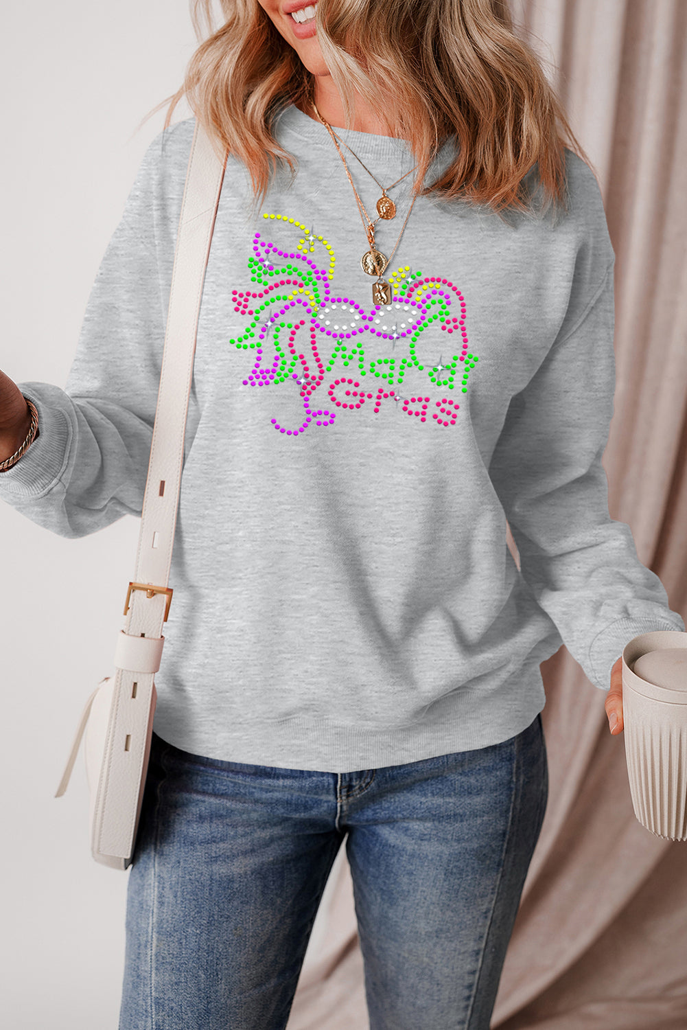 Mardi Gras Rhinestone Mask Graphic Green Sweatshirt