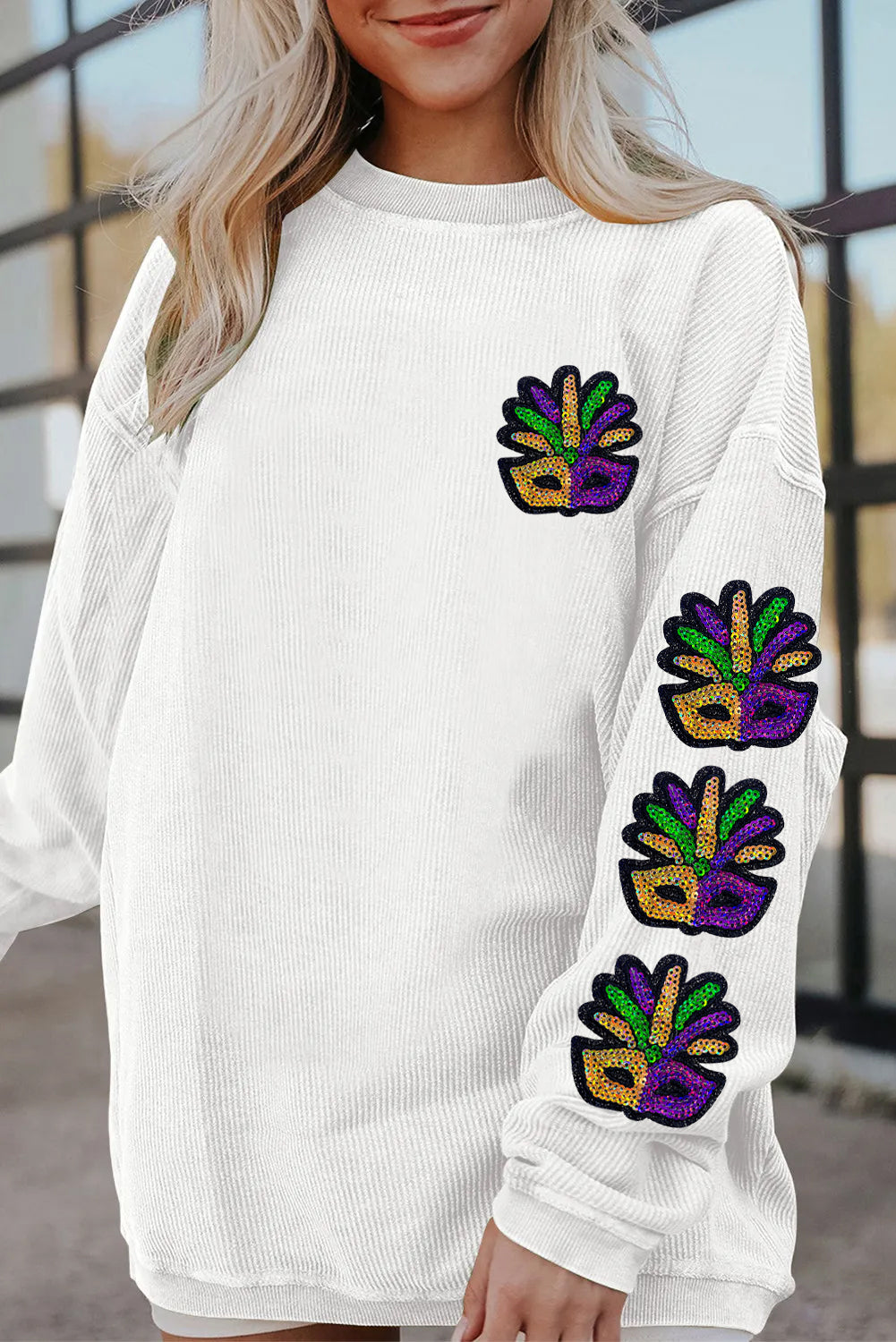Mardi Gras Mask Patch Sleeve Detail Casual Sweatshirt