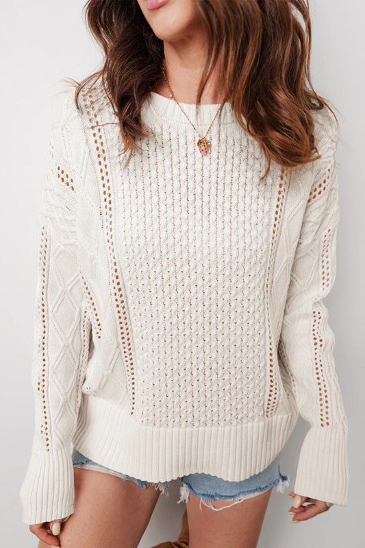 Navy Blue Mix Texture Knit Eyelet Detail Casual Sweater