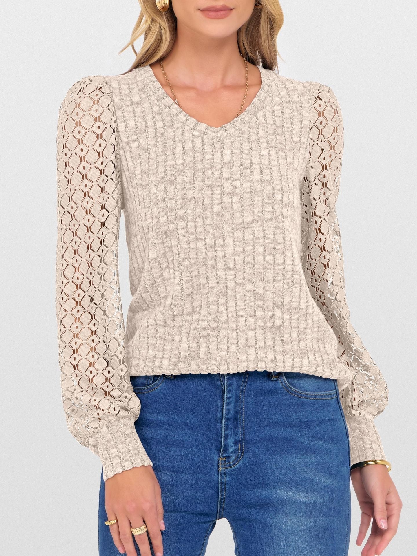V-Neck Knit Top with Lace Puff Long Sleeves