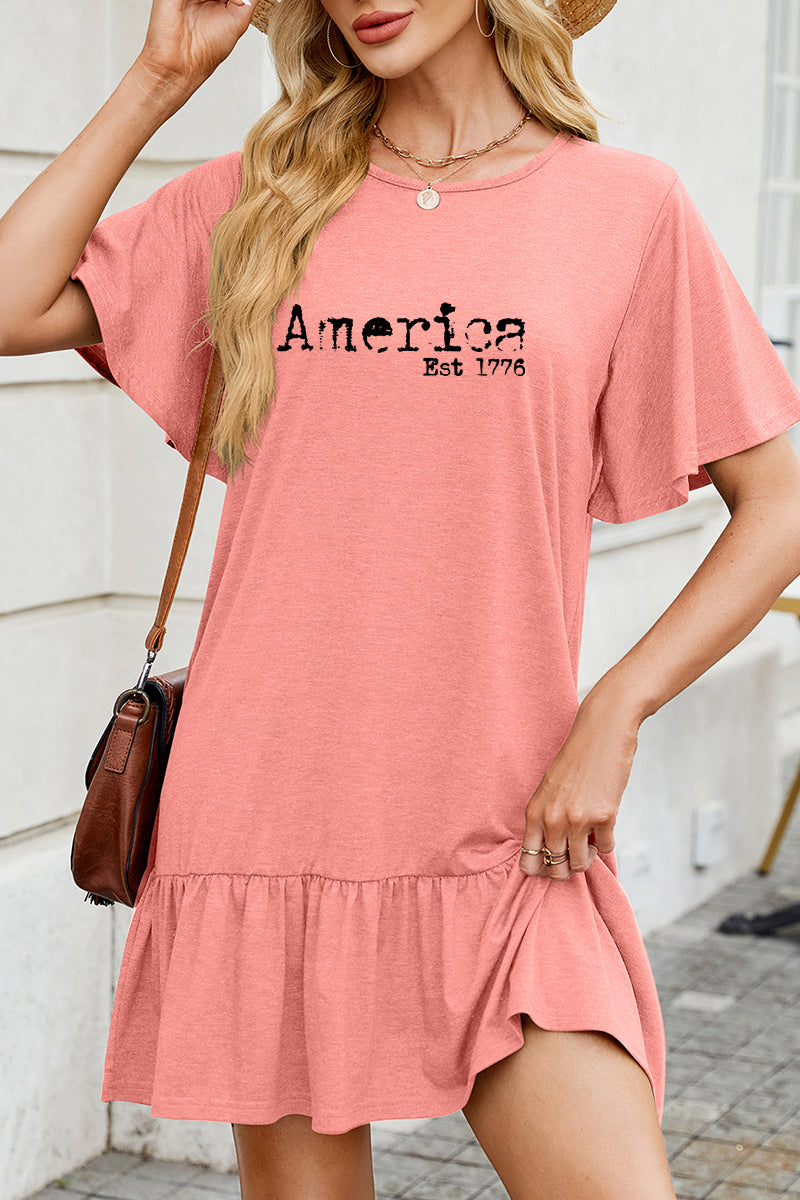 America Graphic Cotton Dress Casual Ruffle Holiday