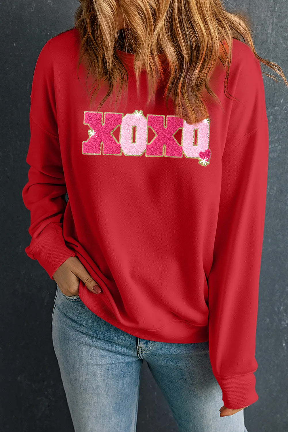 Valentine's Day Pink XOXO Textured Graphic Sweatshirt