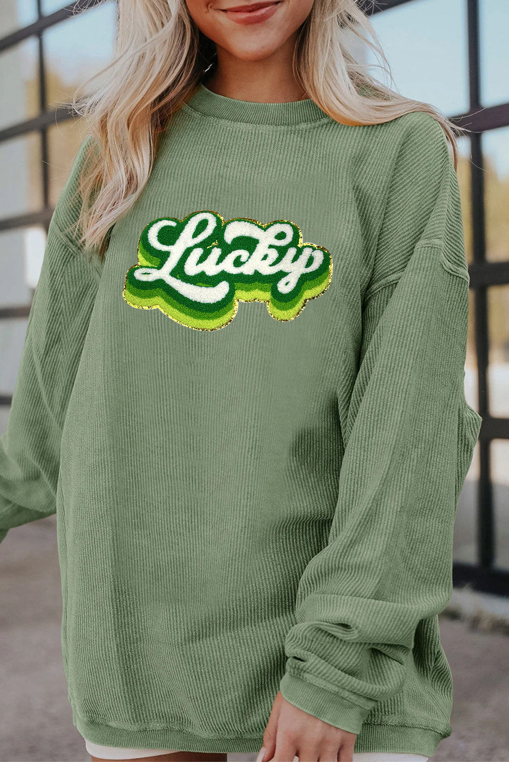 Saint Patrick’s Day Lucky Chenille Graphic Corded Sweatshirt