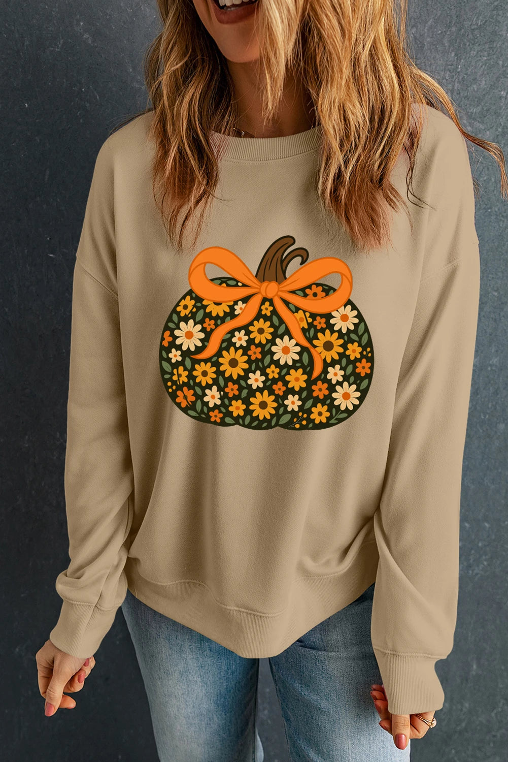 Khaki Floral Pumpkin Graphic Thanksgiving Sweatshirt