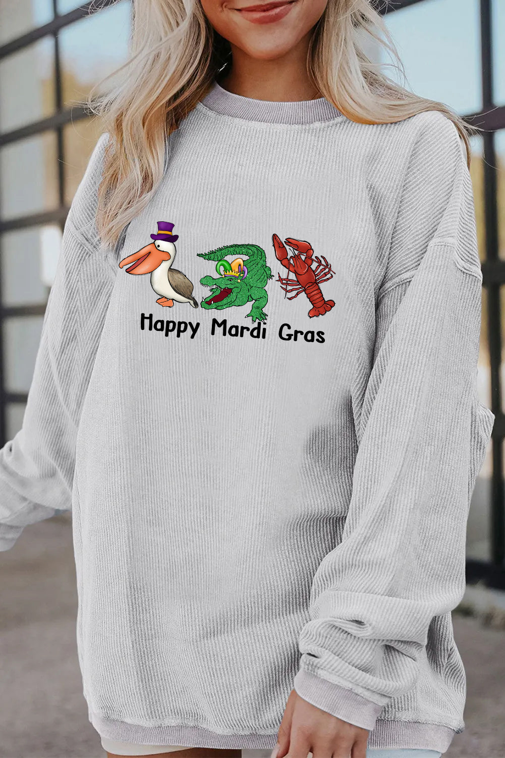 Happy Mardi Gras Gnome Graphic Corded Sweatshirt