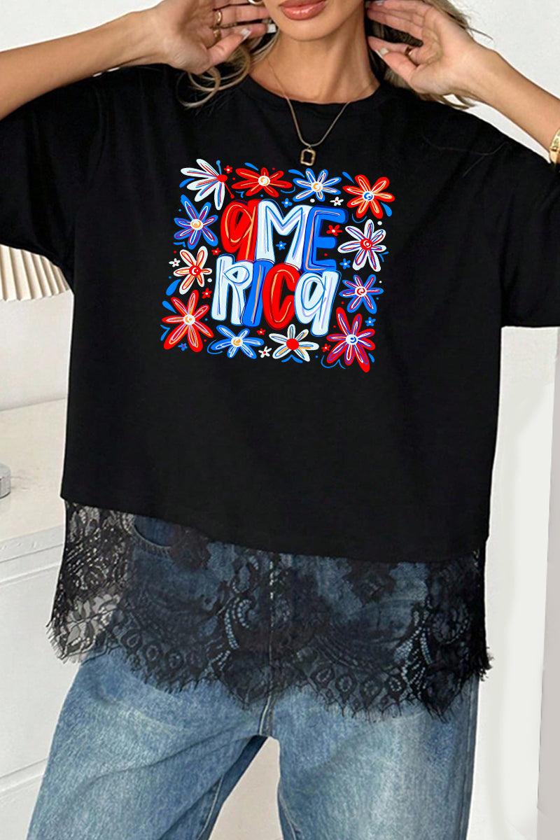 Patriotic Polyester Tee 4th July Flower Graphic Top