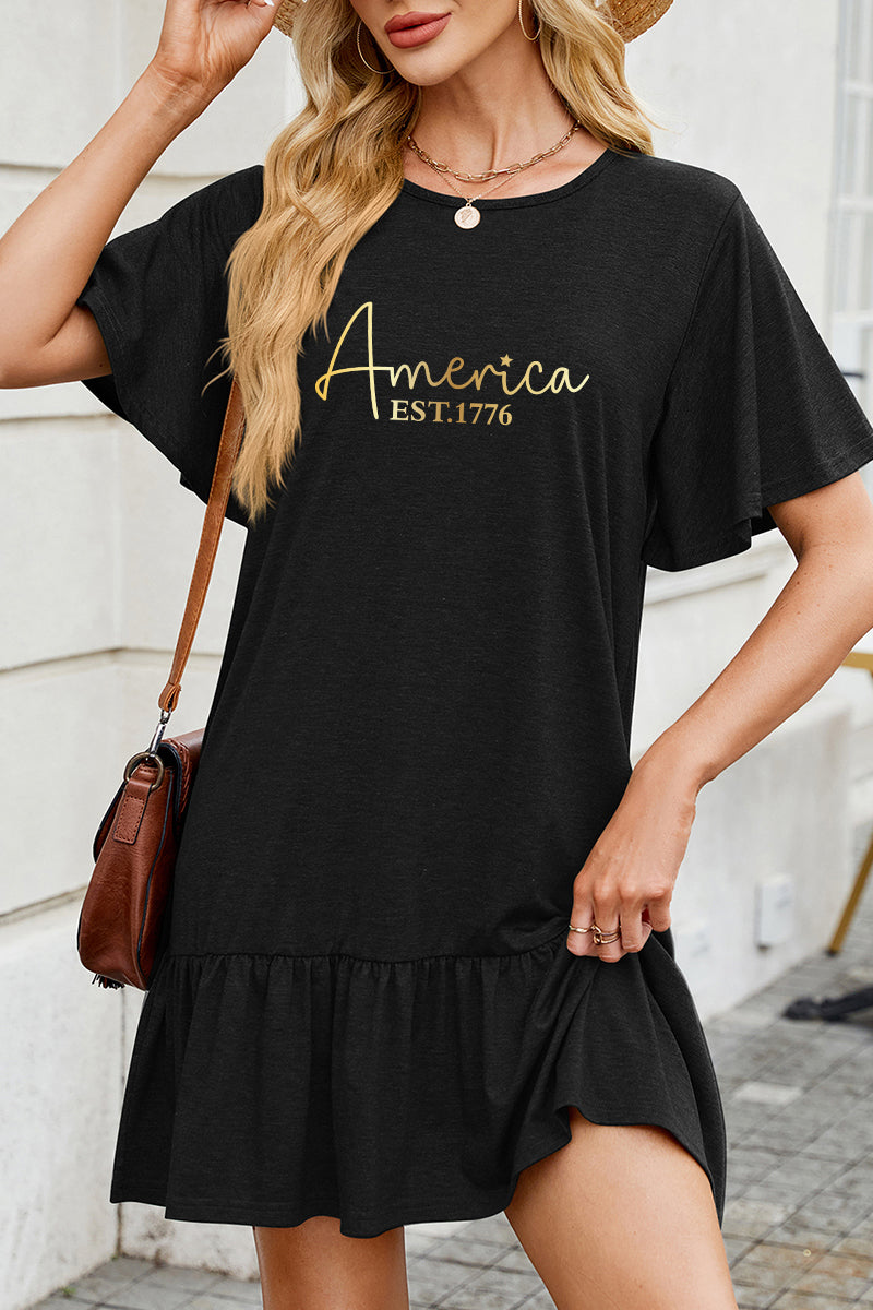 America Letter Cotton Dress Casual Ruffle Trendy