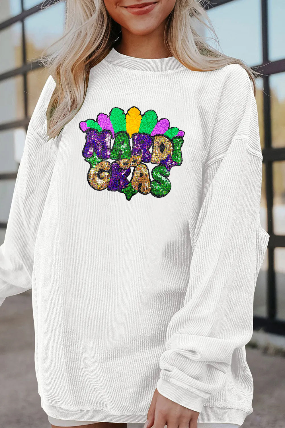 Mardi Gras Beaded Sequin Graphic Corded Sweatshirt
