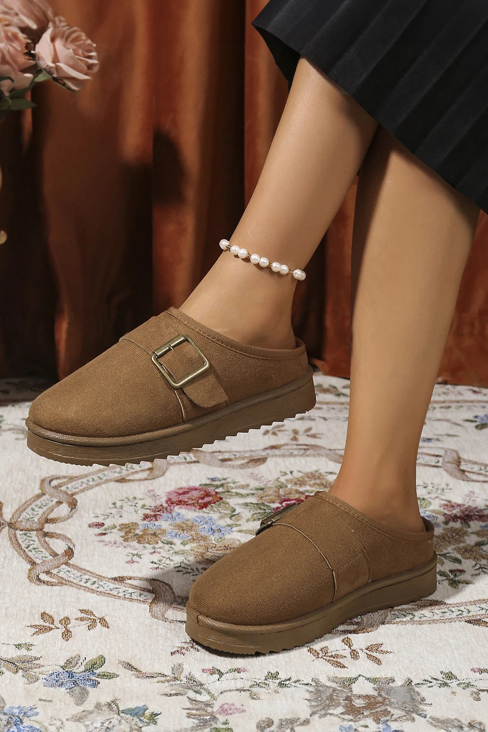 Black Faux Suede Buckle Strap Detail Winter Clog Slippers