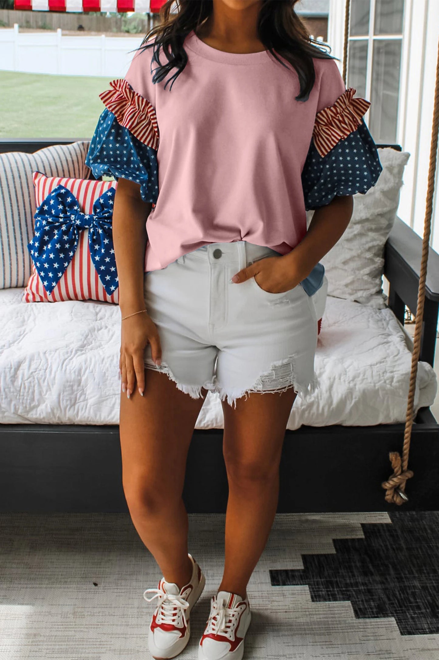 Stars Stripes Short Puff Sleeve Top