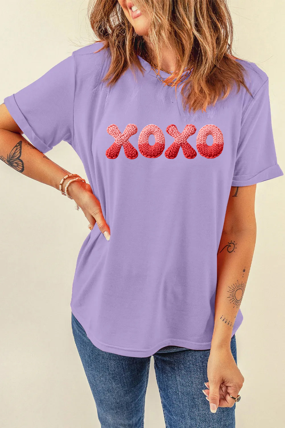 Valentine’s Day XOXO Knit Letter Graphic Tee（Not Embroidery）