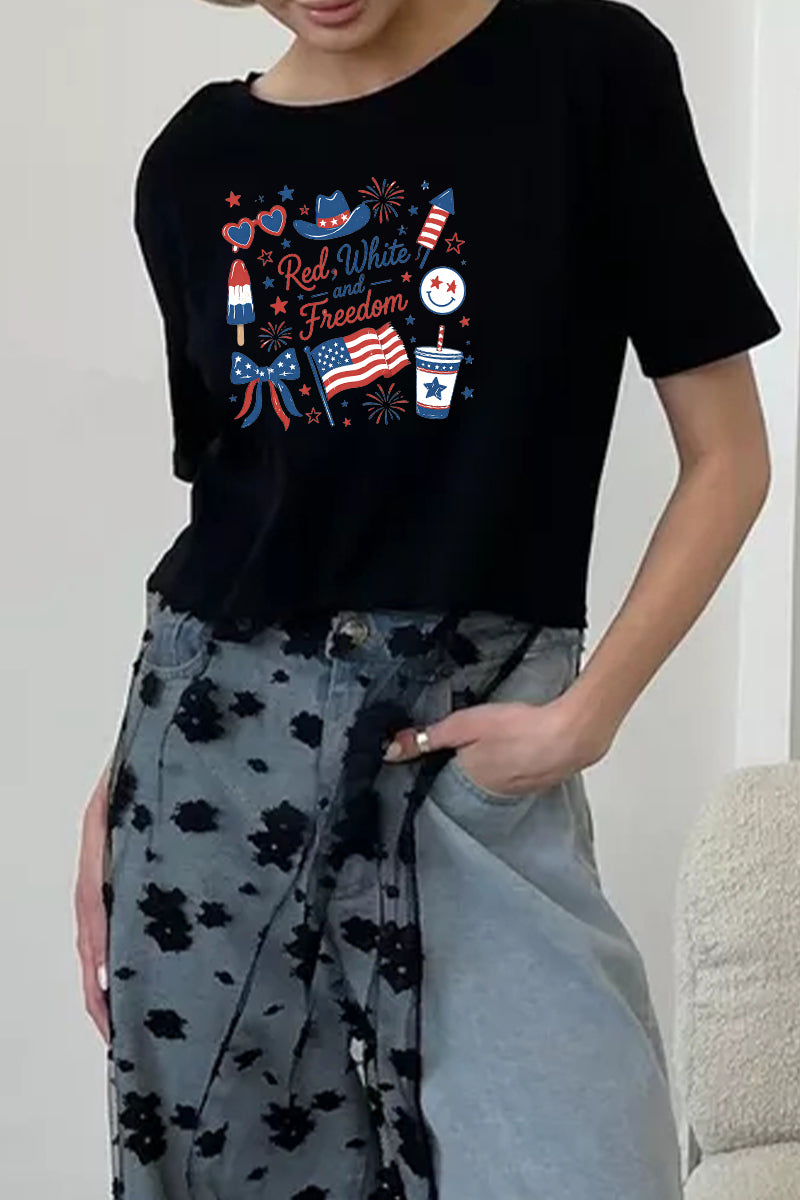 Patriotic Graphic Tee Lace Patchwork Freedom Top