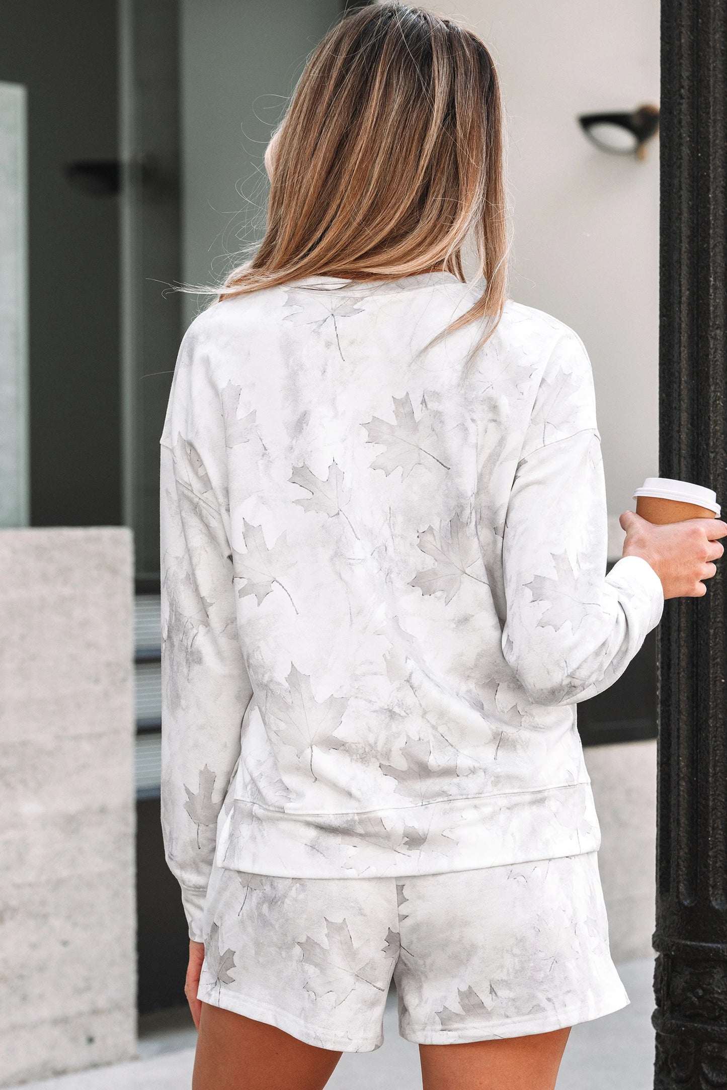 Beige Camo Print Pullover Top and Elastic Waist Casual Short Set