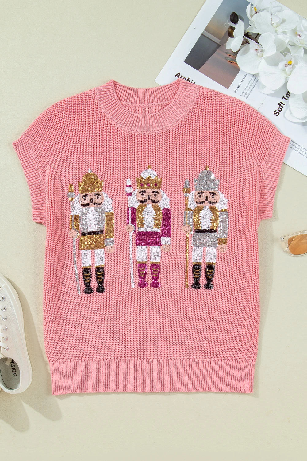 Nutcracker Cutie Sequin Graphic Short Sleeve Sweater