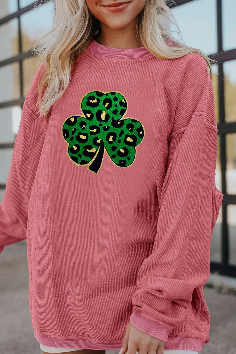 Saint Patrick’s Day Leopard Shamrock Corded Sweatshirt