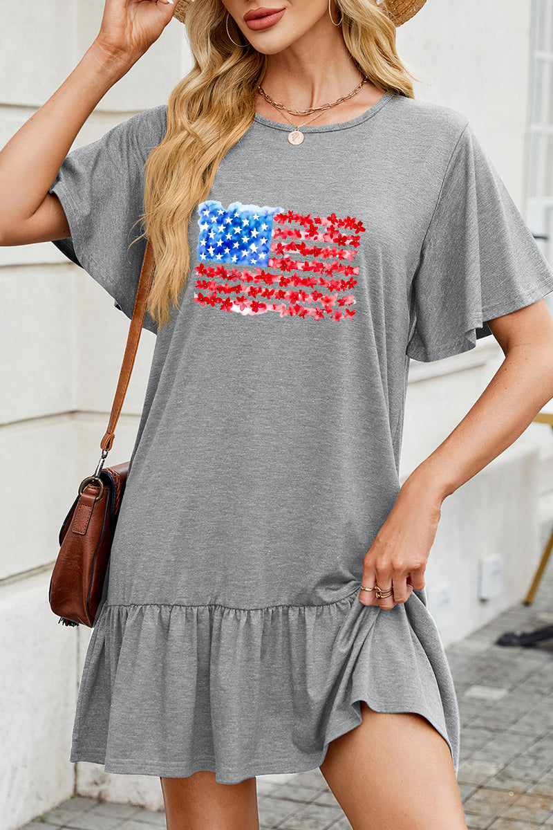American Flag Cotton Dress Casual Ruffle Vacation