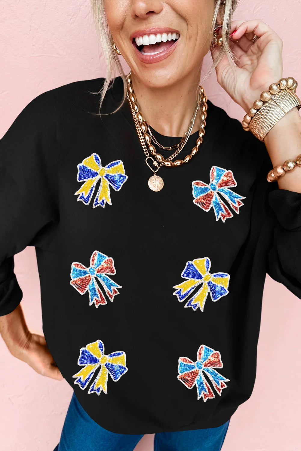 Black Shimmering Bow Patched Pattern Game Day Sweatshirt