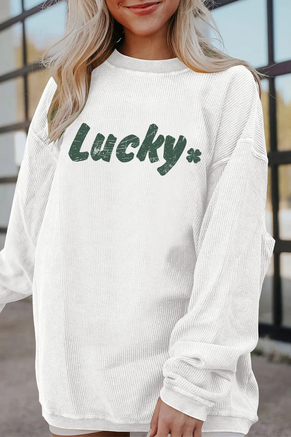 Saint Patrick’s Day Lucky Clover Graphic Corded Sweatshirt