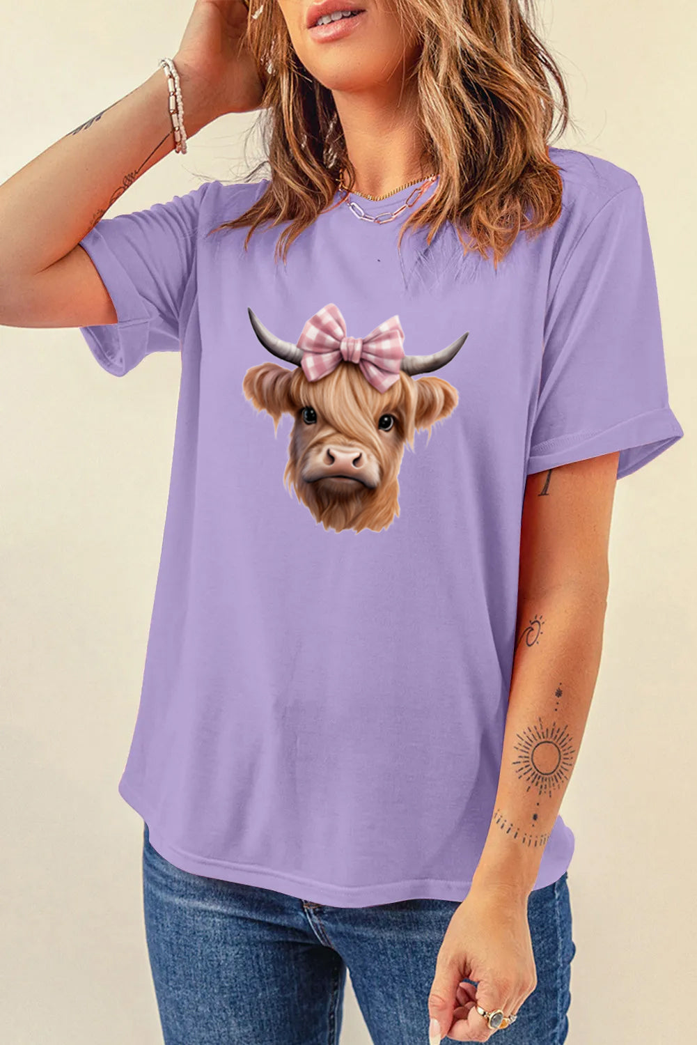Western Bow Highland Cow Graphic Tee for Women