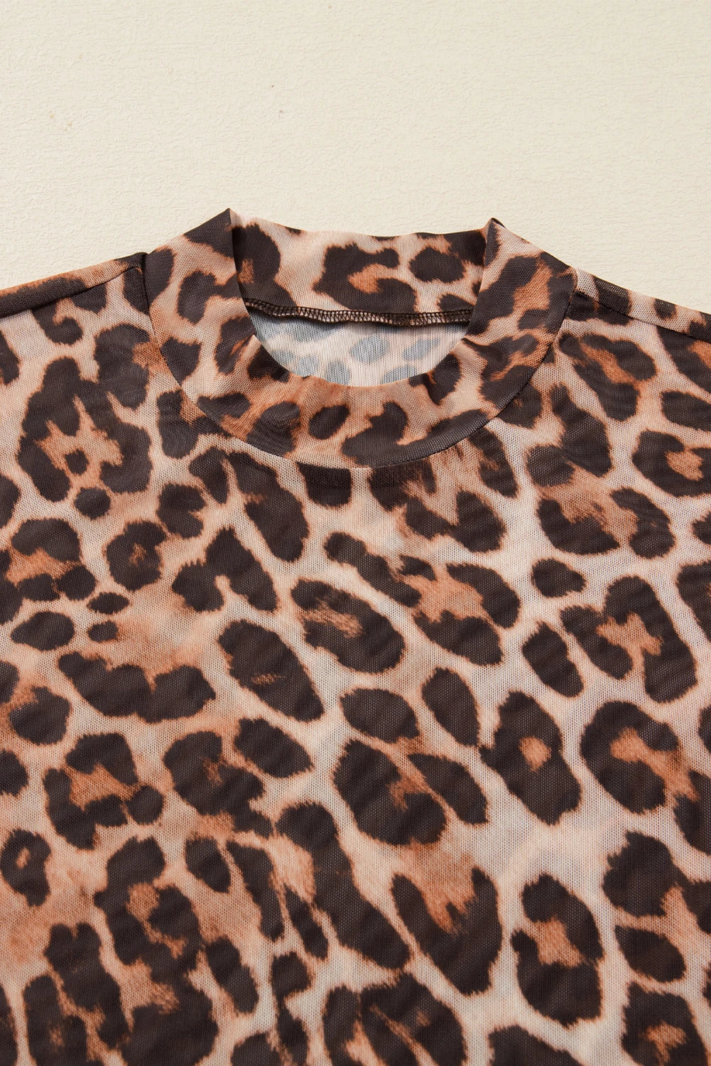 Brown Leopard Mock Neck Long Sleeve Mesh Top