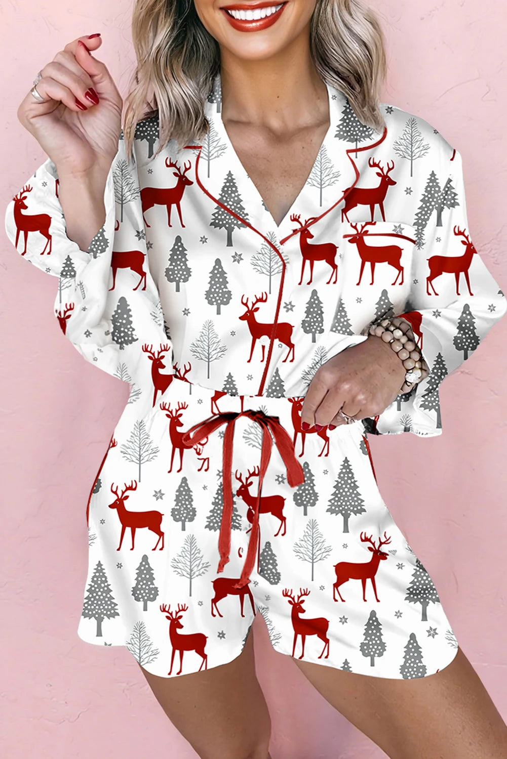 Christmas Fashion Print Velvet Trim Bow Knot Pajama 2pcs Short Set