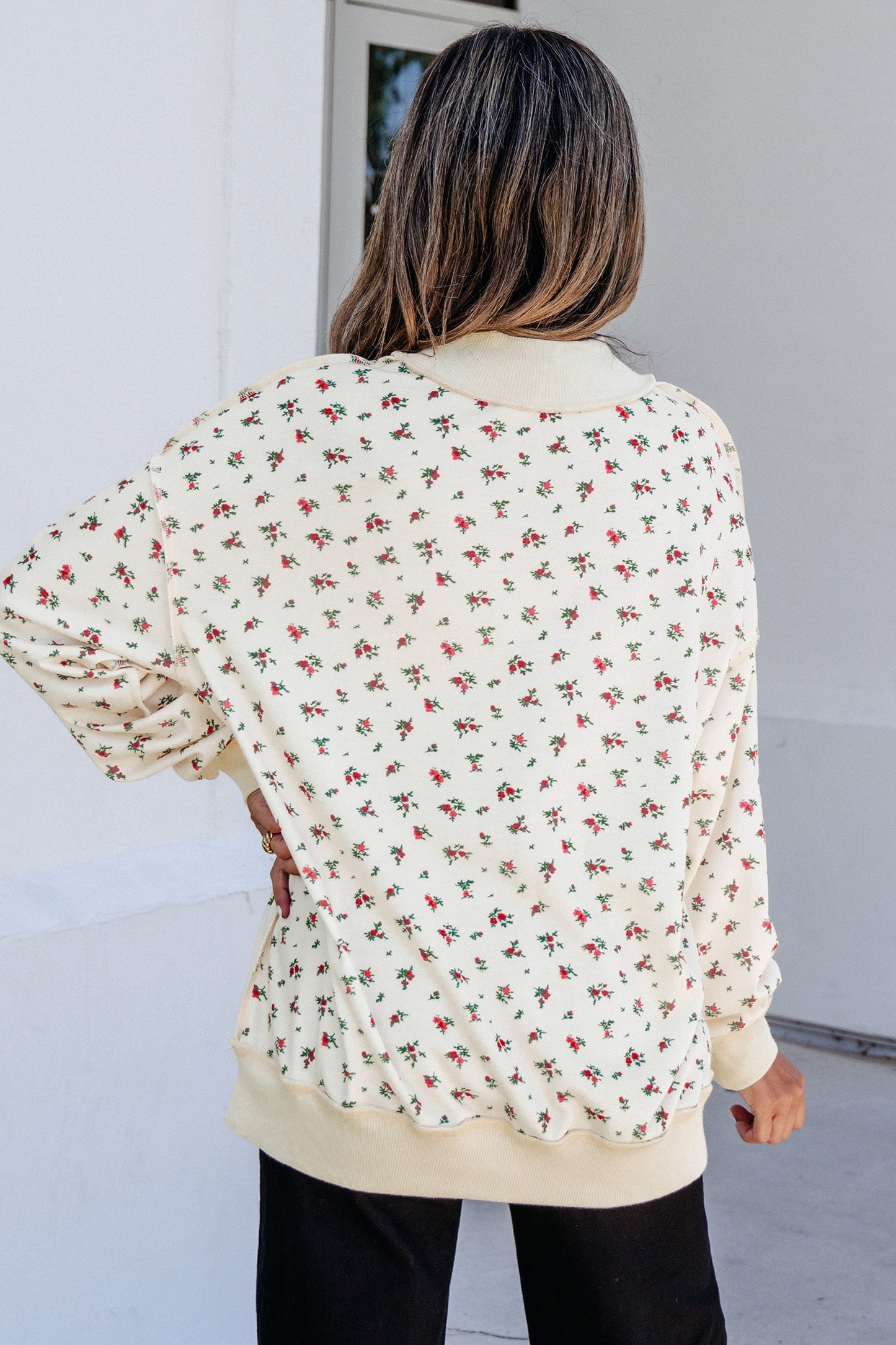 Beige Ribbed High Neck Patchwork Floral Print Baggy Pullover Sweatshirt