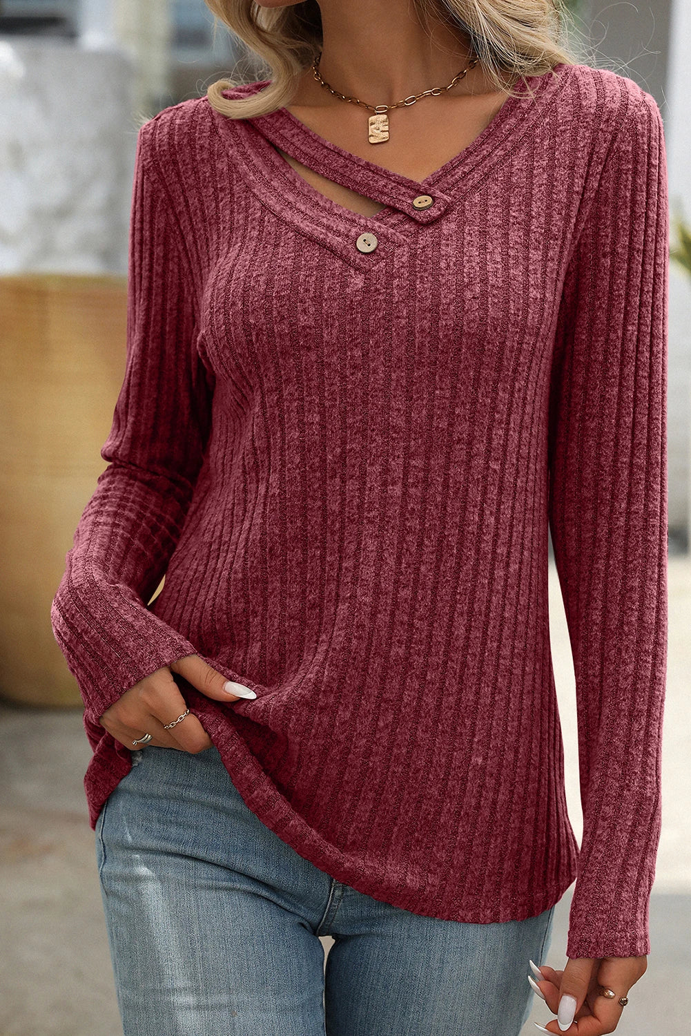 Ribbed Long Sleeve Buttoned Strap V Neck Top