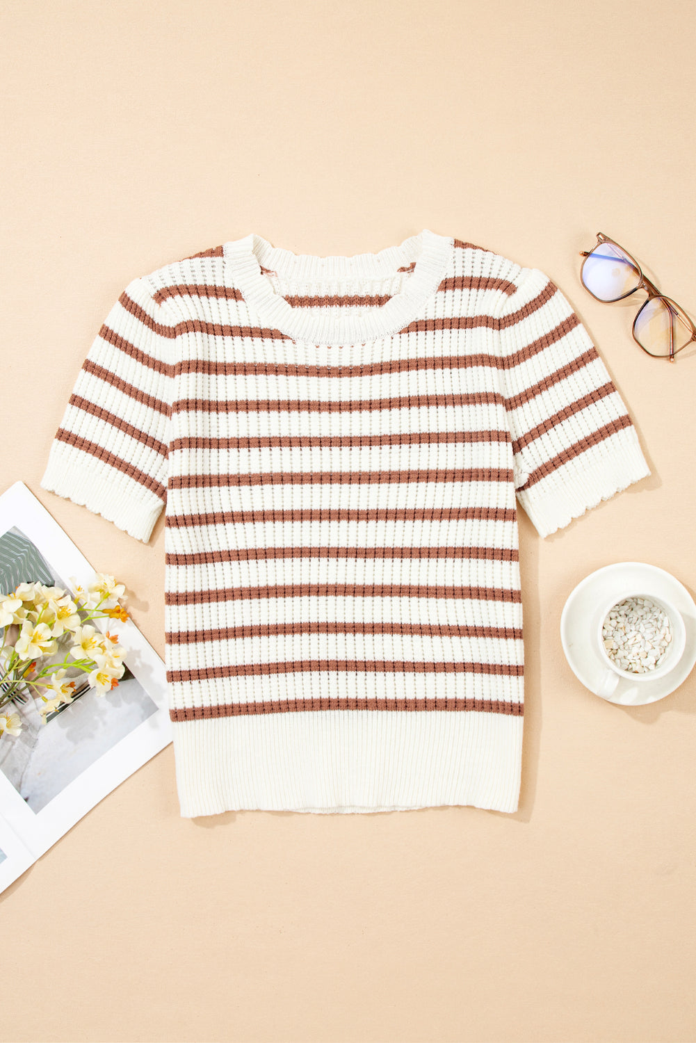 Khaki Stripe Scalloped Round Neck Short Sleeve Sweater