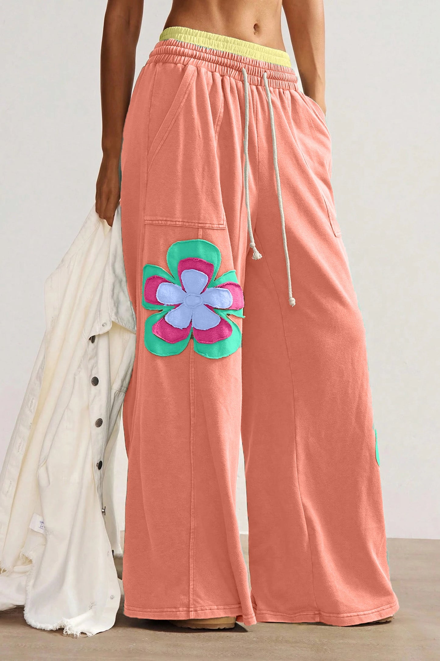Sky Blue Color Block Flower Patchwork Drawstring Contrasted Elastic Waist Wide Leg Pants