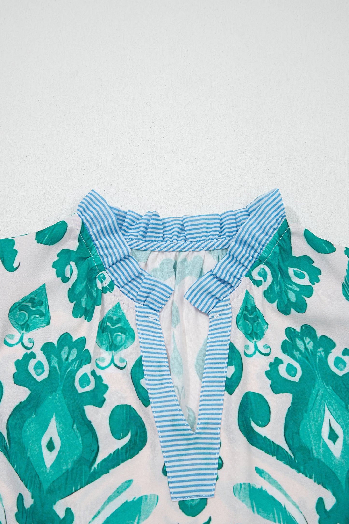 Sky Blue Ethnic Print Striped Trim Flutter Sleeve Top