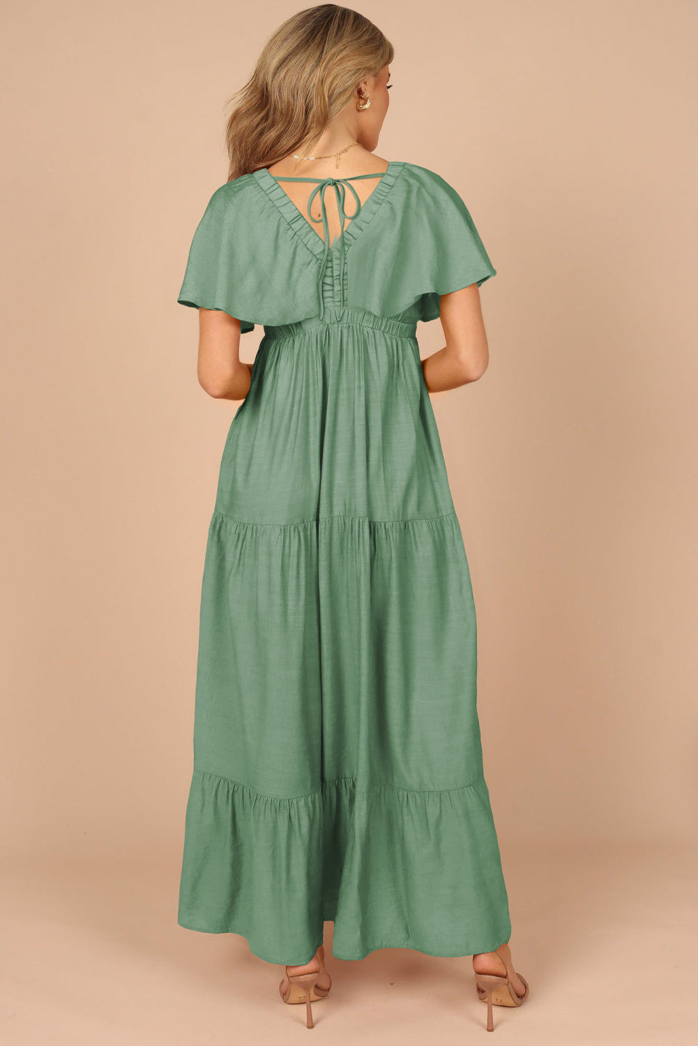 Green Textured V Neck Flutter Sleeve Ruffled Maxi Dress