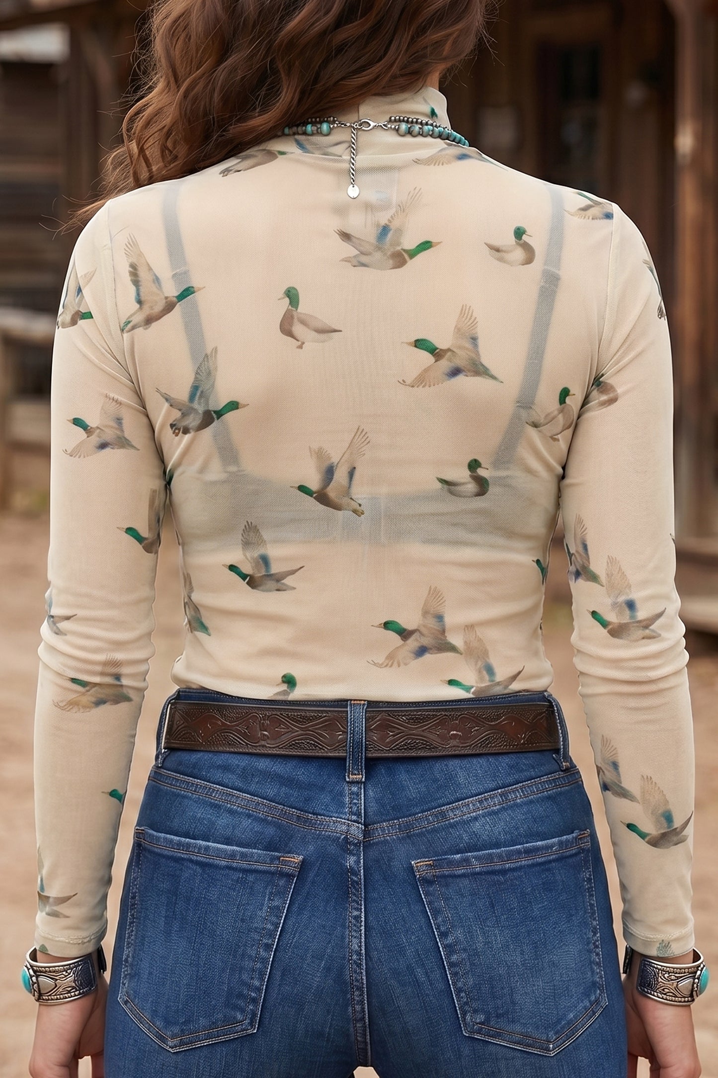 Western Duck Print Mesh Top Western High Neck Fitted