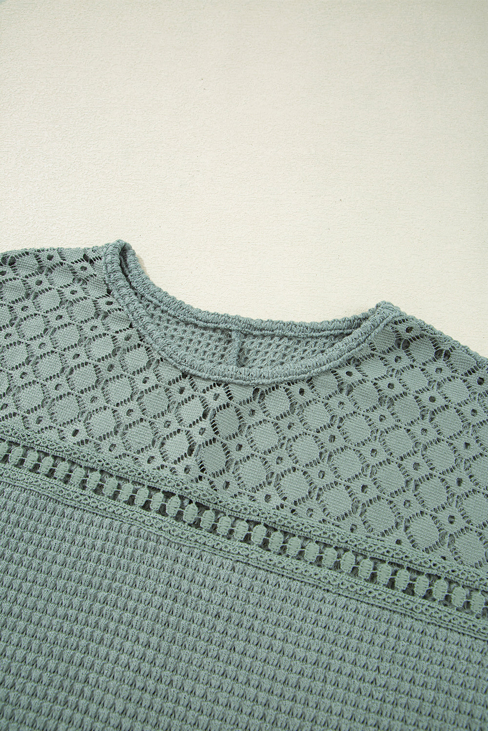 Mist Green Lace Patchwork Waffle Short Sleeve Top