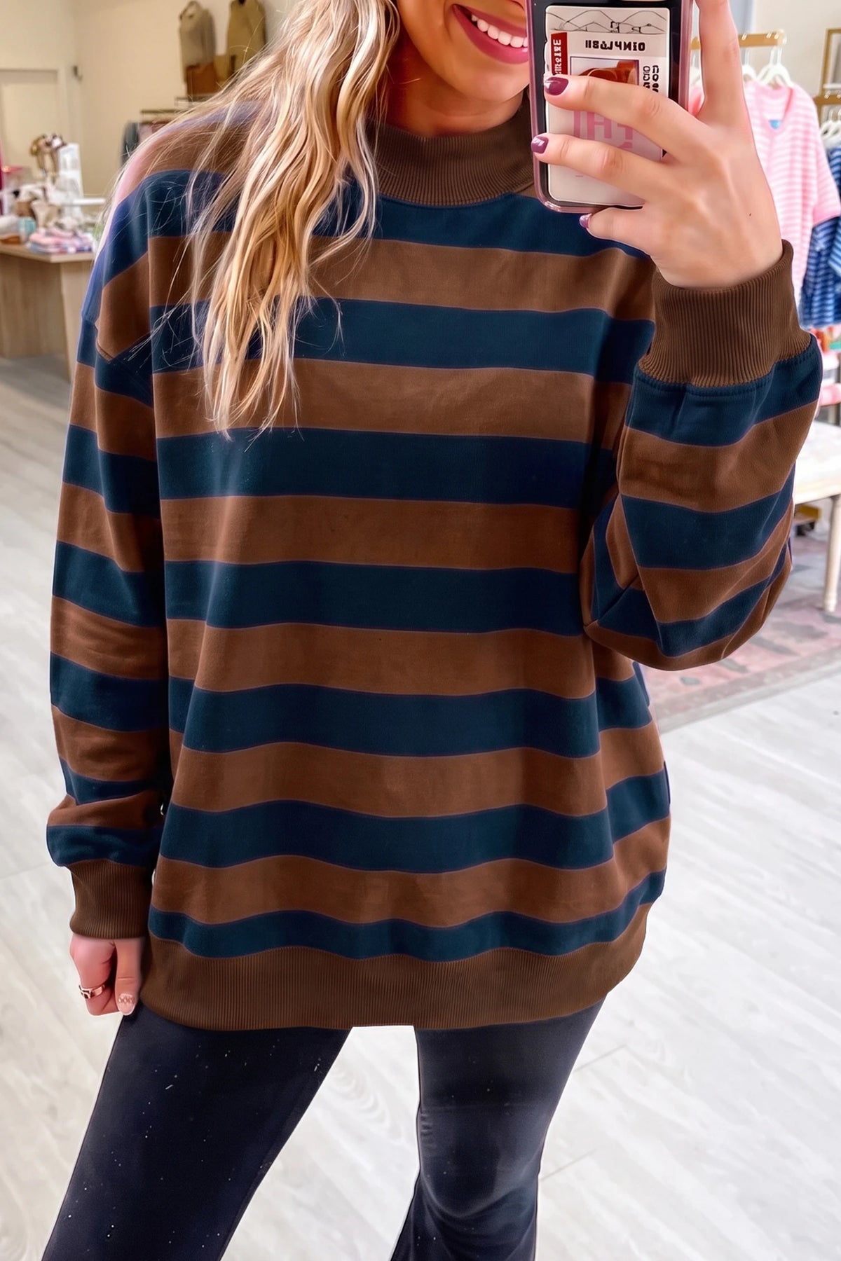 Blue Stripe Colorblock Mock Neck Relaxed Sweatshirt