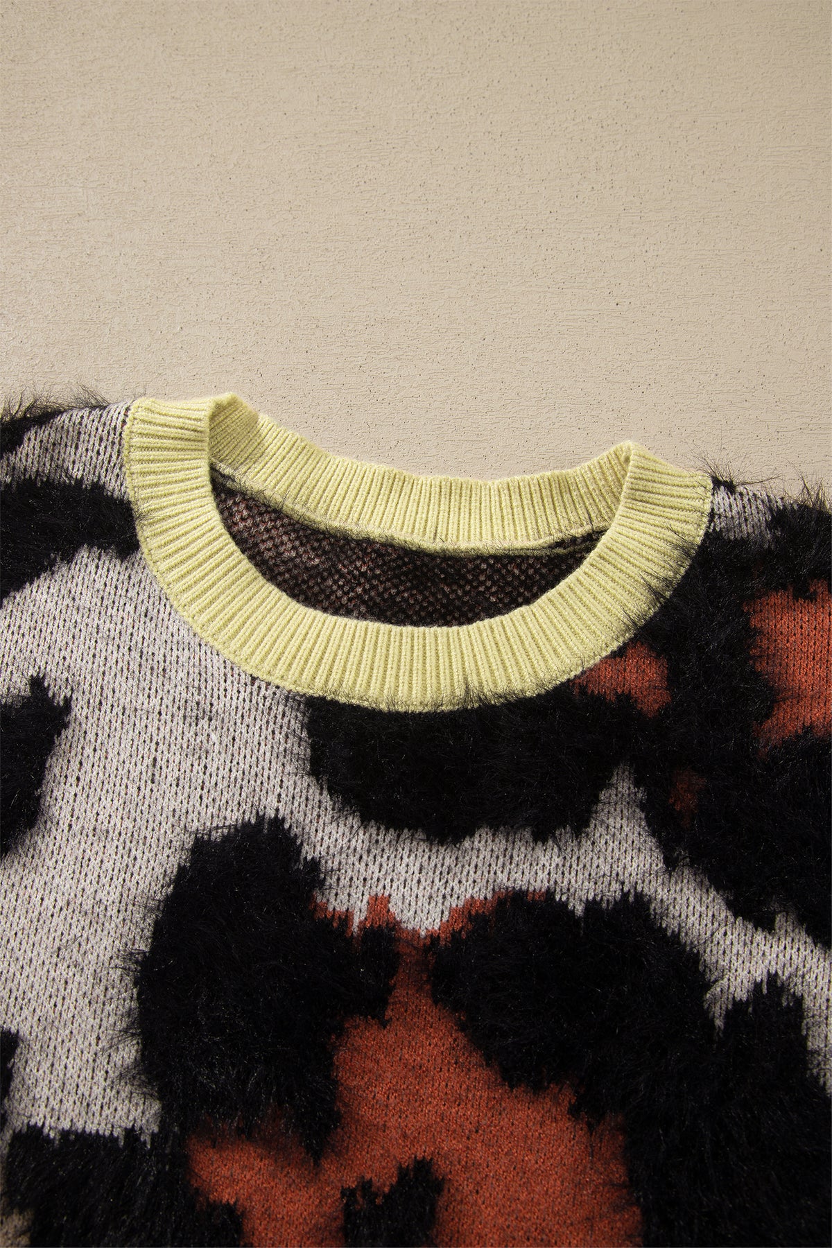 Khaki Leopard Print Drop Shoulder Long Sleeve Round Neck Sweater