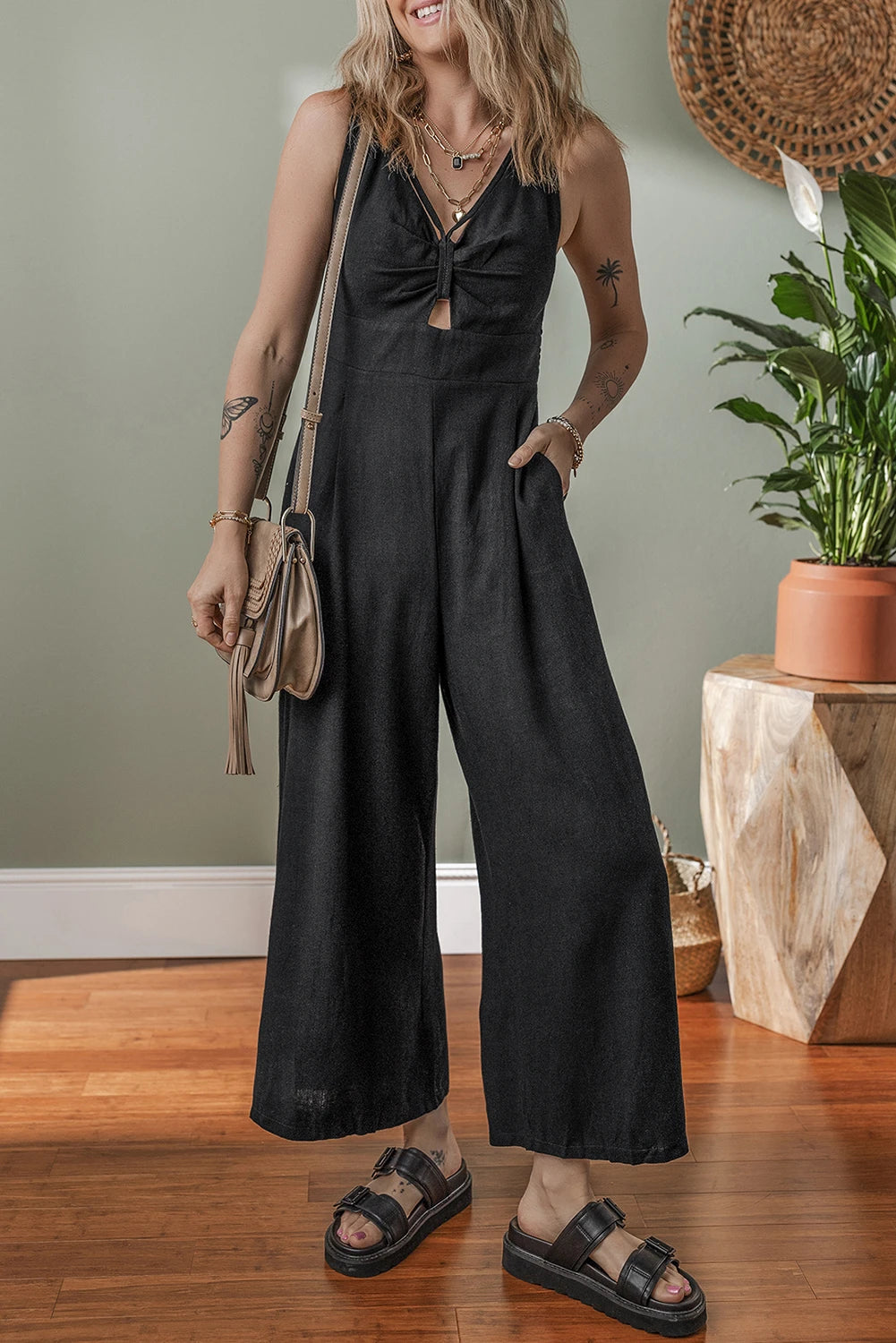 Black Front Cut Out Smocked Back Sleeveless Wide Leg Jumpsuit