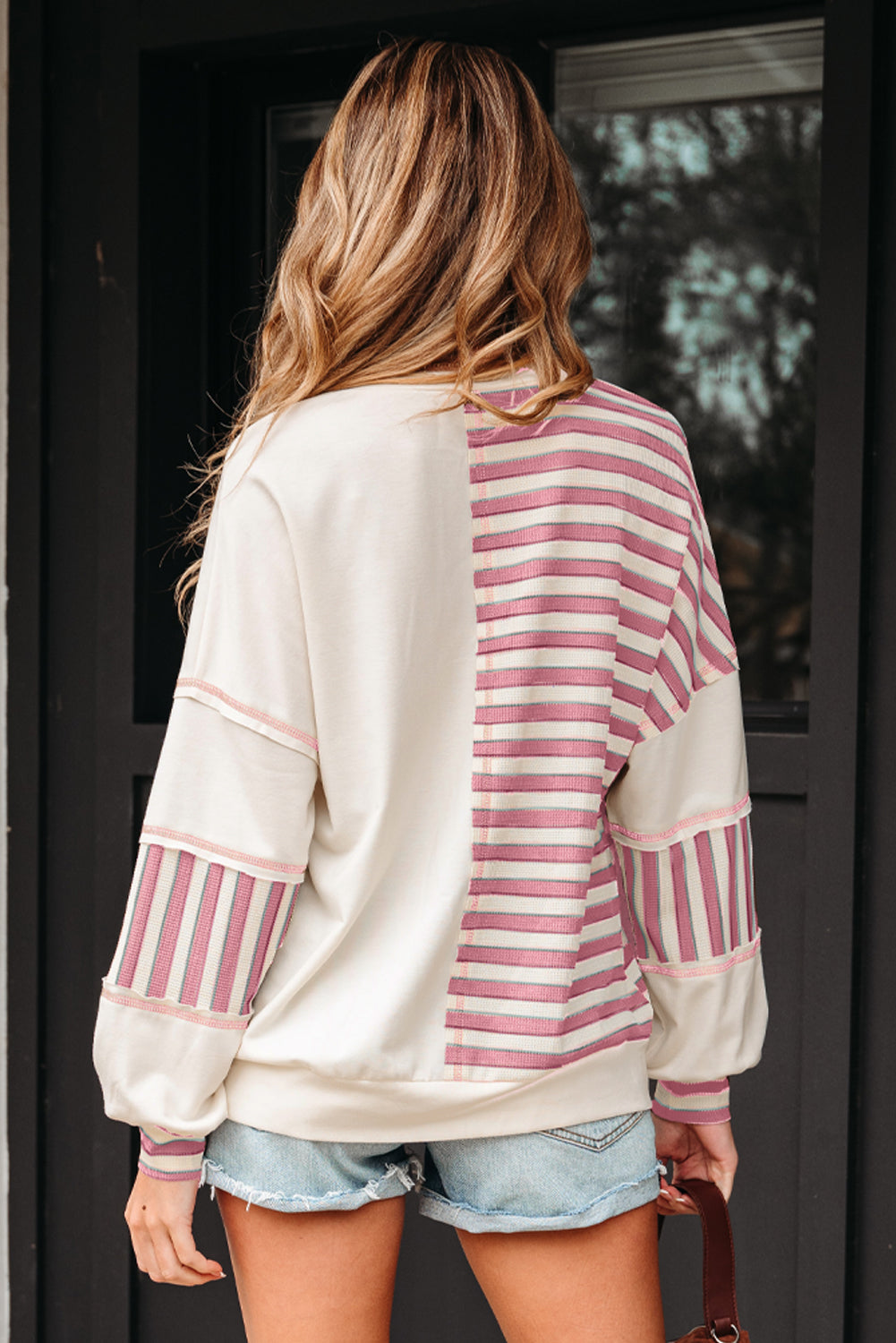 Khaki Stripe Stitched Detail Color Block Patchwork Oversized Pullover Top
