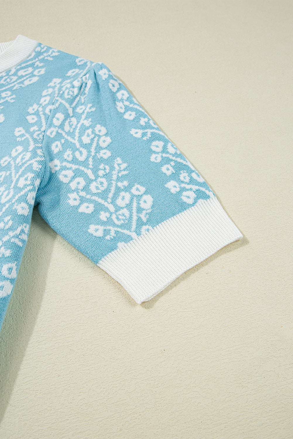 Sky Blue Contrast Floral Crewneck Short Sleeve Sweater