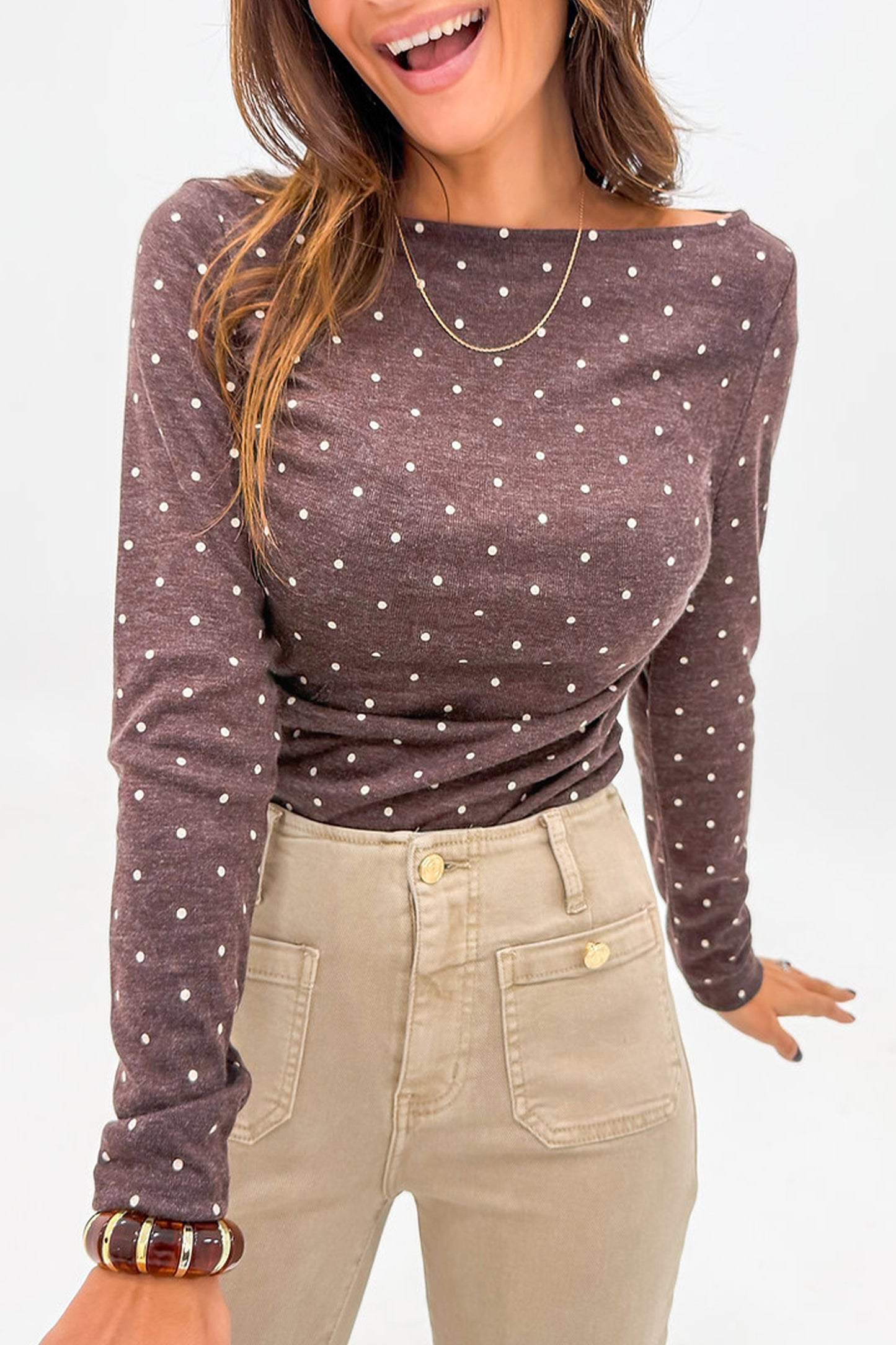 Purple Polka Dot Boat Neck Knit Long Sleeve T Shirt