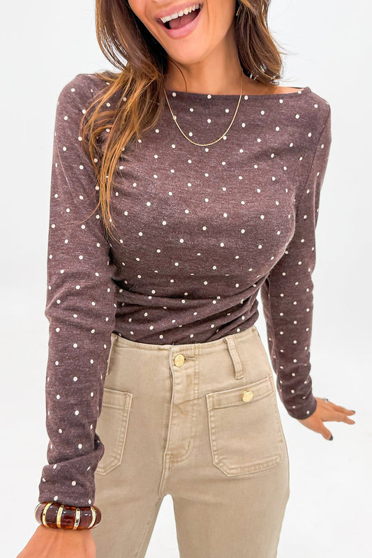 Purple Polka Dot Boat Neck Knit Long Sleeve T Shirt