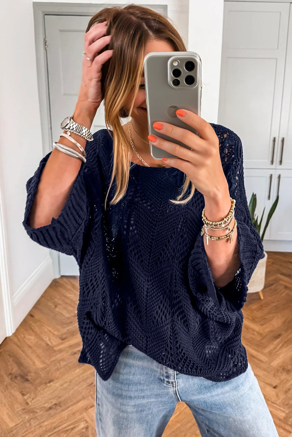 Parchment Hollow Out Knit 7/8 Sleeve Casual Sweater