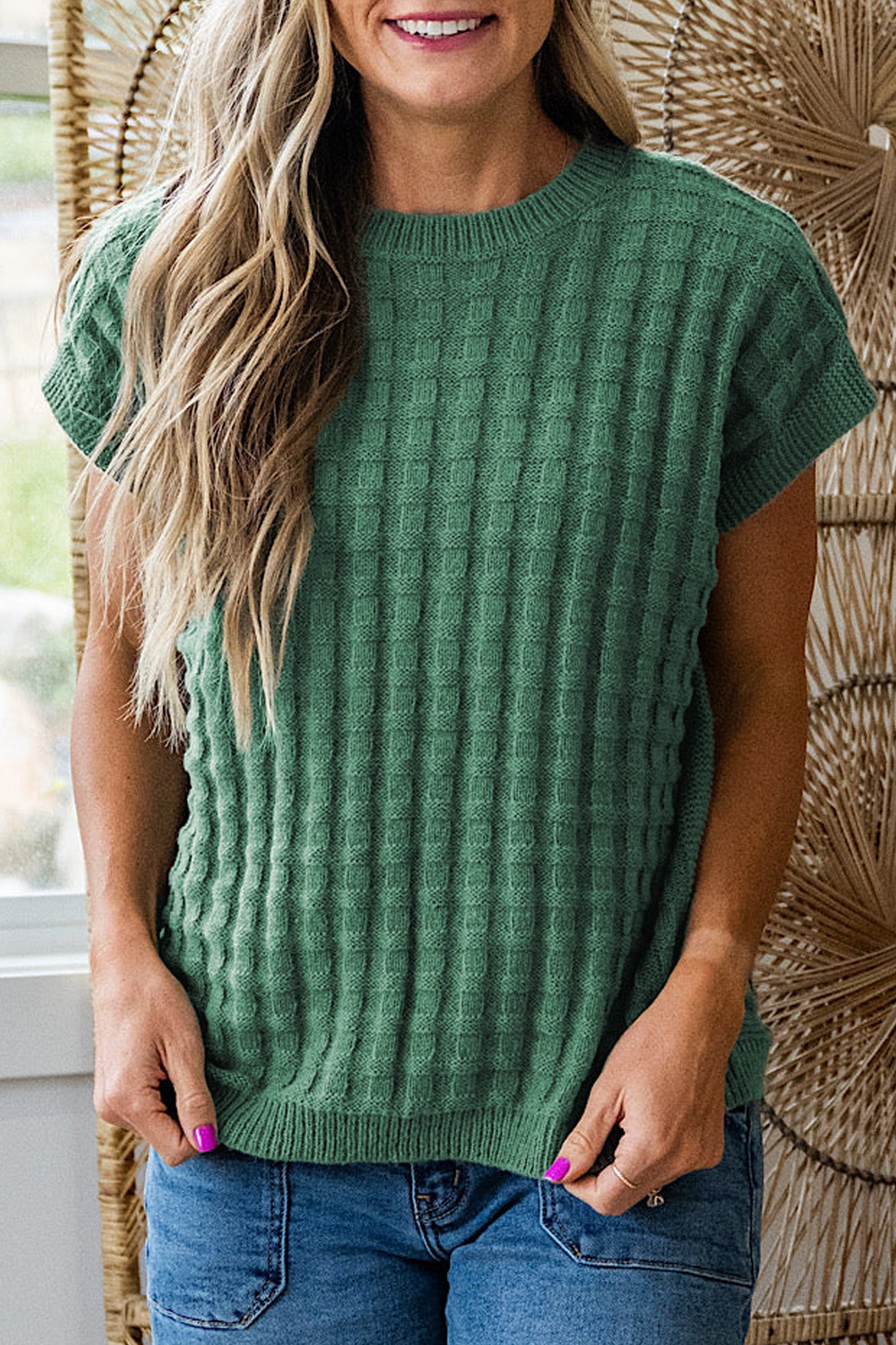 Mist Green Solid Color Round Neck Textured Short Sleeve Sweater